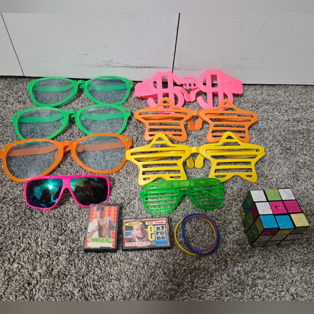 90's Party Theme Colorful Sunglasses, Vanilla Ice, Rubber Bracelets, Rubix Cube